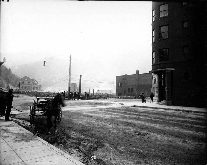 item thumbnail for Forest Fire, 1910 - Wallace [1910] Showing corner of Samuel's Hotel on Aug. 22, after fire of Aug. 20