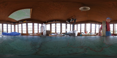 Panoramic image of the interior of Hells Half Acre lookout