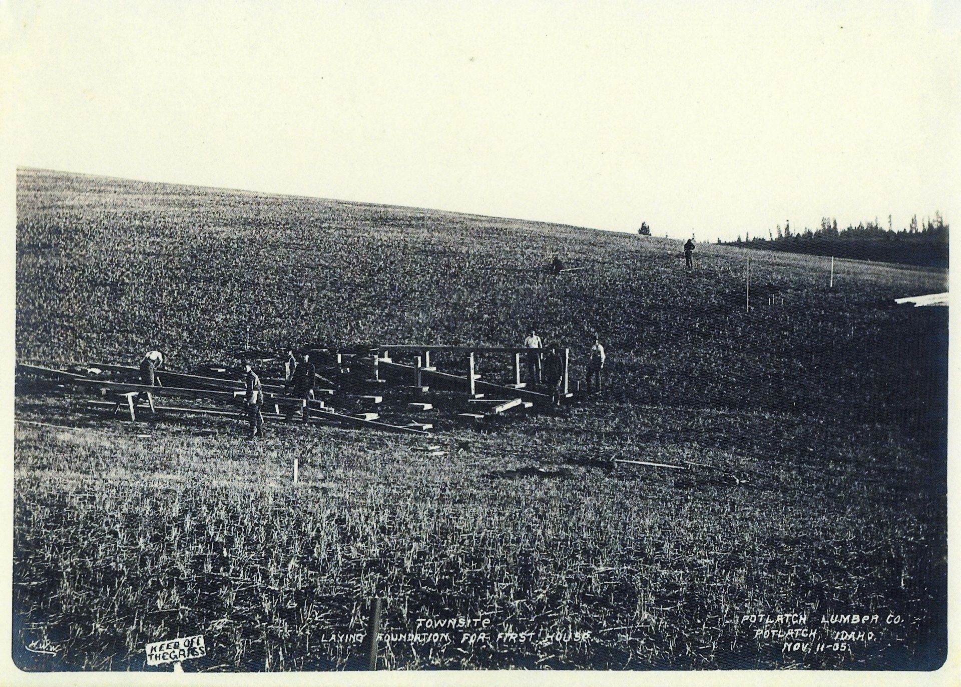 1905: Workers construct the foundation for the first house built in Potlatch, Idaho