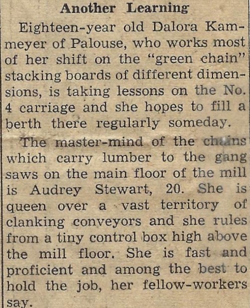 Excerpt from the Daily Idahonian article discussing work of individual women in the Potlatch mill