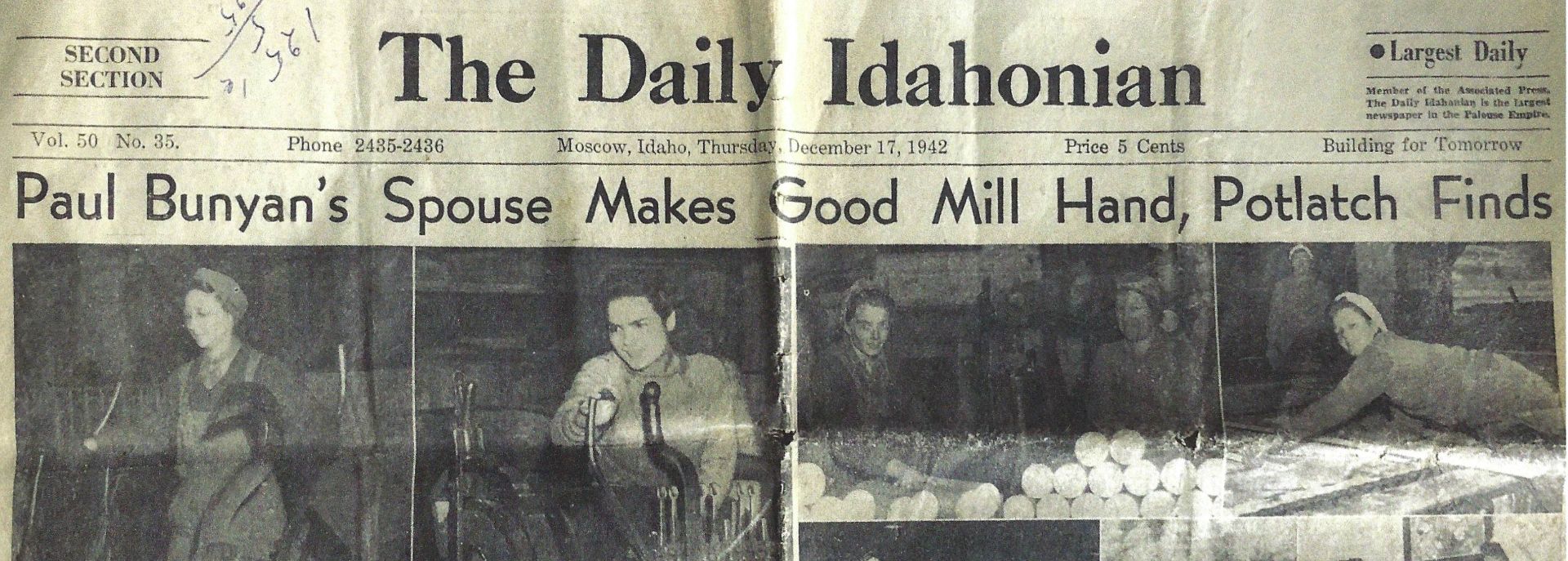 The front page of Moscow newspaper The Daily Idahonian from December 1942 featuring women working in the Potlatch mill
