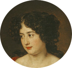 painting of a woman's face with white skin, curly brown hair, and red lips