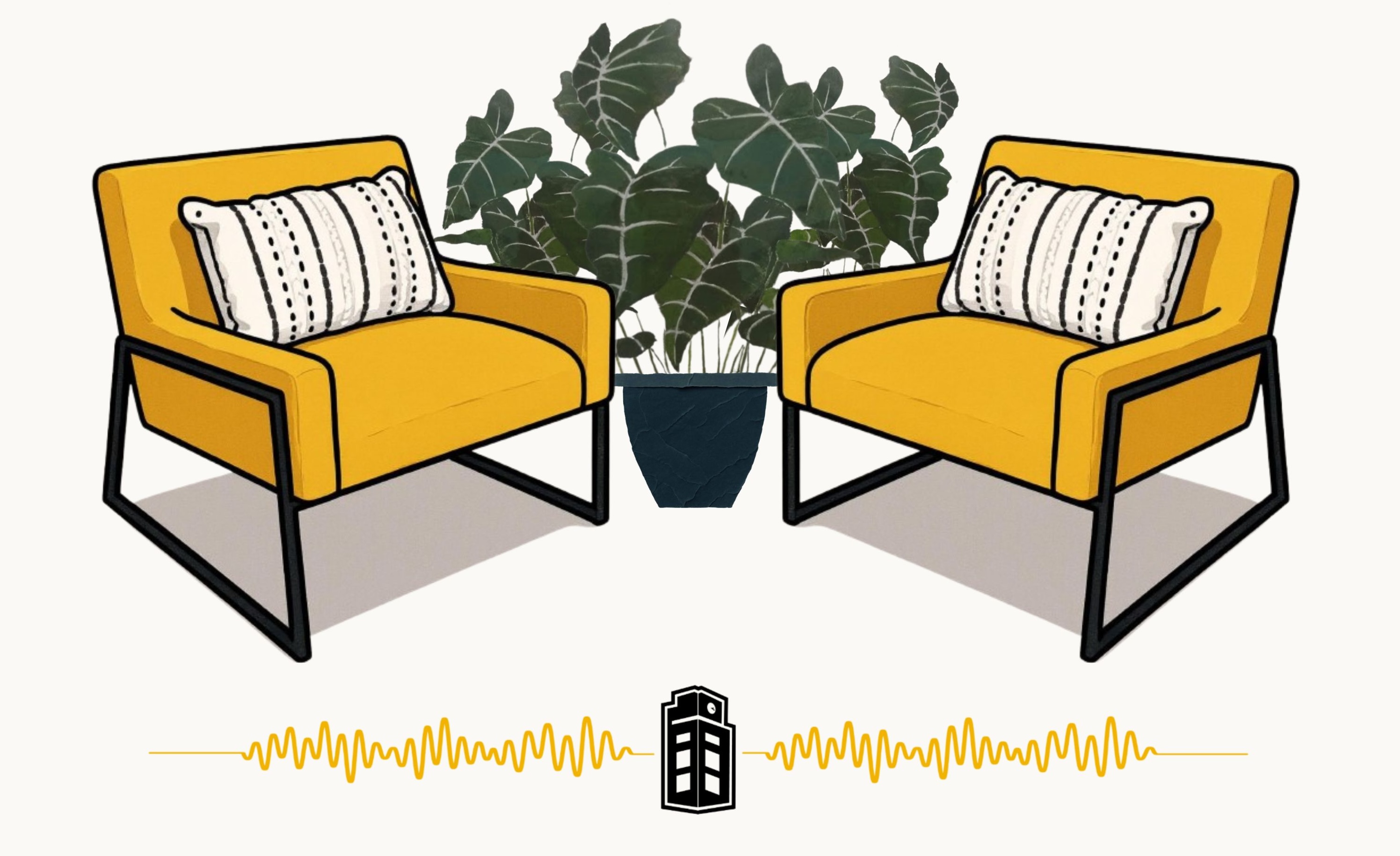 Two plush yellow chairs face each other with a large leafy plant in between