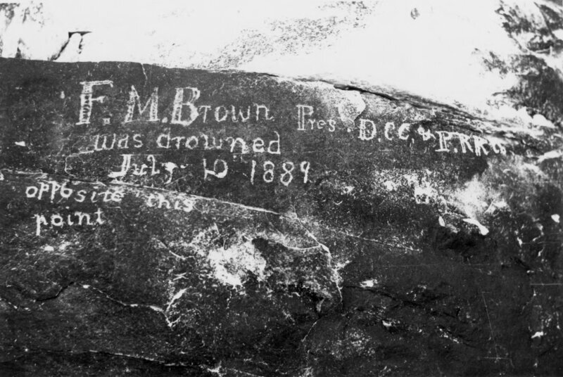 Franklin Brown's inscripted memorial after his death in Soap Creek rapid
