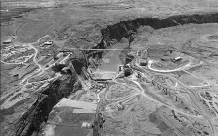 Glen Canyon damsite aerial view, ca. 1959