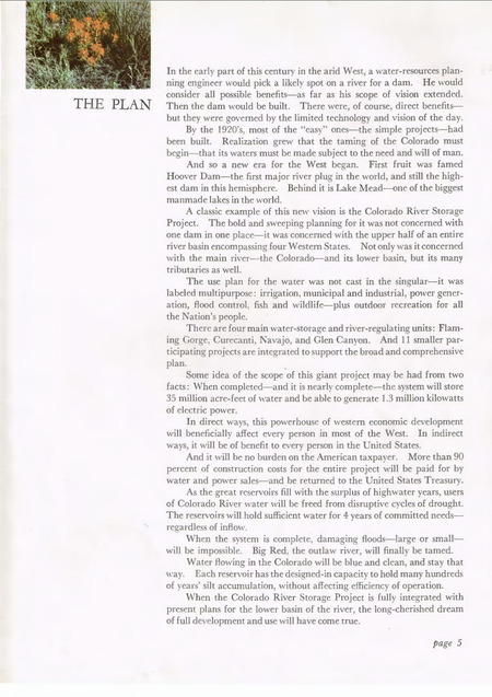 Description of plans for Glen Canyon Dam, from a 1965 Bureau of Reclamation Brochure titled "Lake Powell, Jewel of the Colorado"