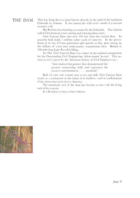 Description of the Glen Canyon Dam, from a 1965 Bureau of Reclamation Brochure titled "Lake Powell, Jewel of the Colorado"