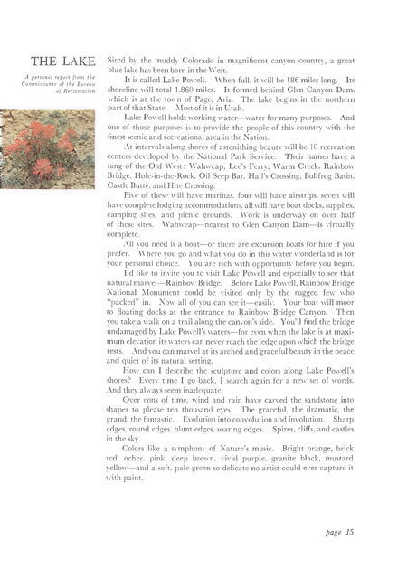 Description of Lake Powell, from a 1965 Bureau of Reclamation Brochure titled "Lake Powell, Jewel of the Colorado"