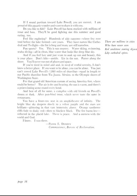 Description of Lake Powell continued, from a 1965 Bureau of Reclamation Brochure titled "Lake Powell, Jewel of the Colorado"