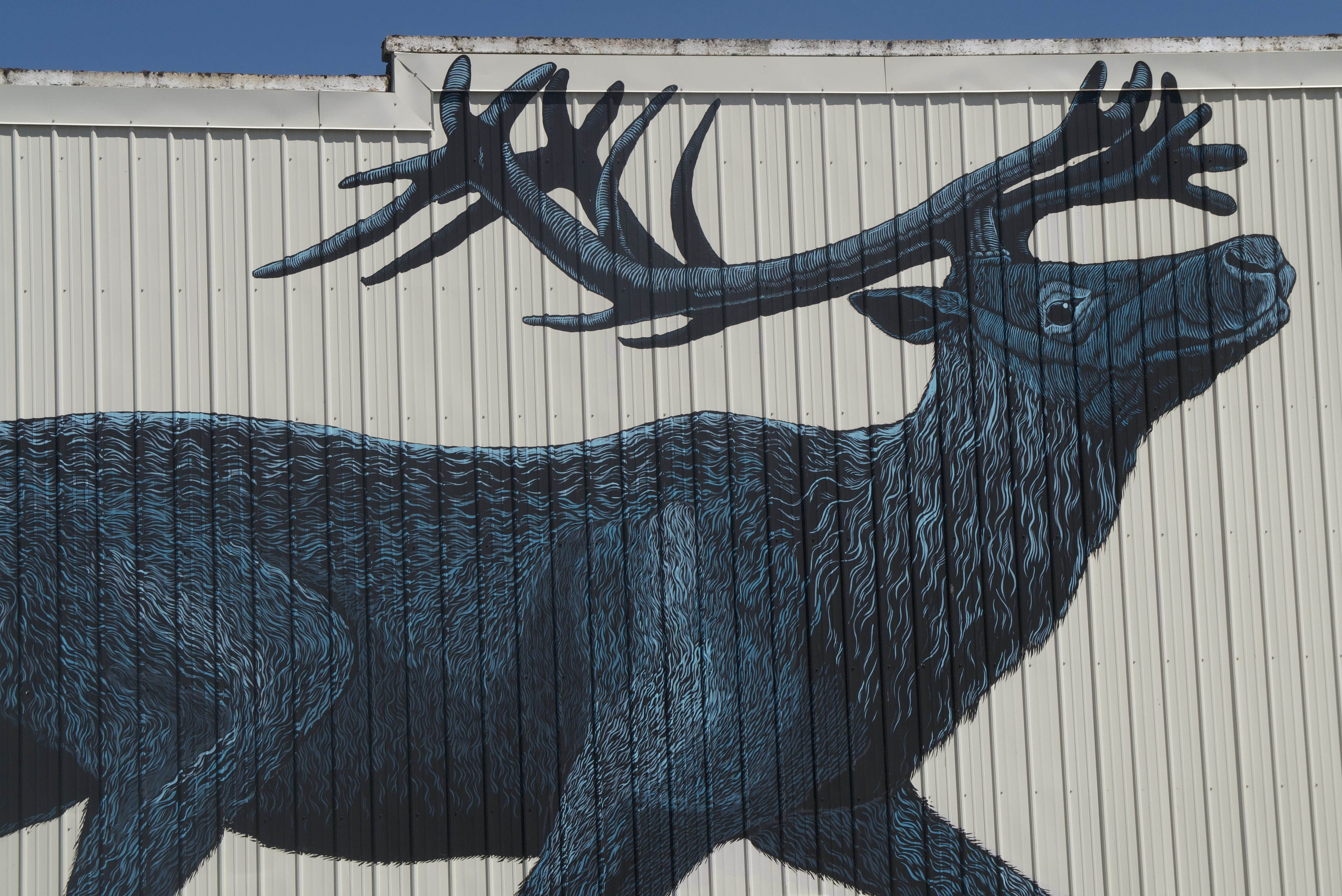 Caribou mural in Sandpoint, Idaho, by artist Roger Peet