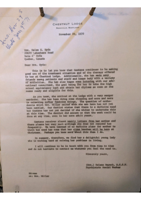 Letter from Chestnut Lodge to Dot, updating her on Gaëtane's progress in the institution, specifically referring to her gender presentation.
