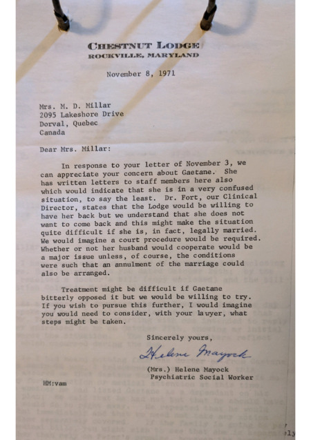 Letter from Chestnut Lodge indicating willingness to have Gaëtane committed if her marriage is annulled.