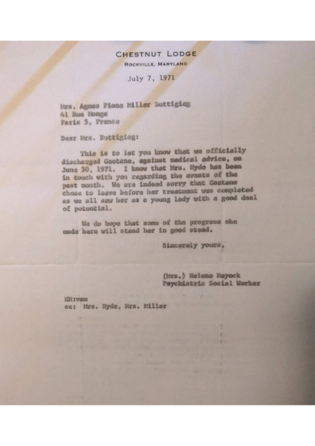 letter from Chestnut Lodge to Fiona confirming Gaëtane's self-discharge in June of 1971.