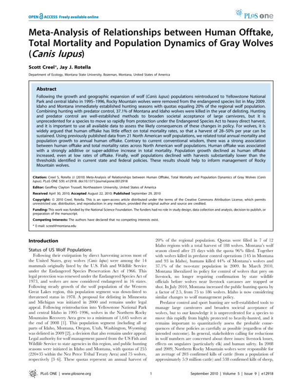 Meta-Analysis of Relationships between Human Offtake, Total Mortality and Population Dynamics of Gray Wolves (Canis lupus)